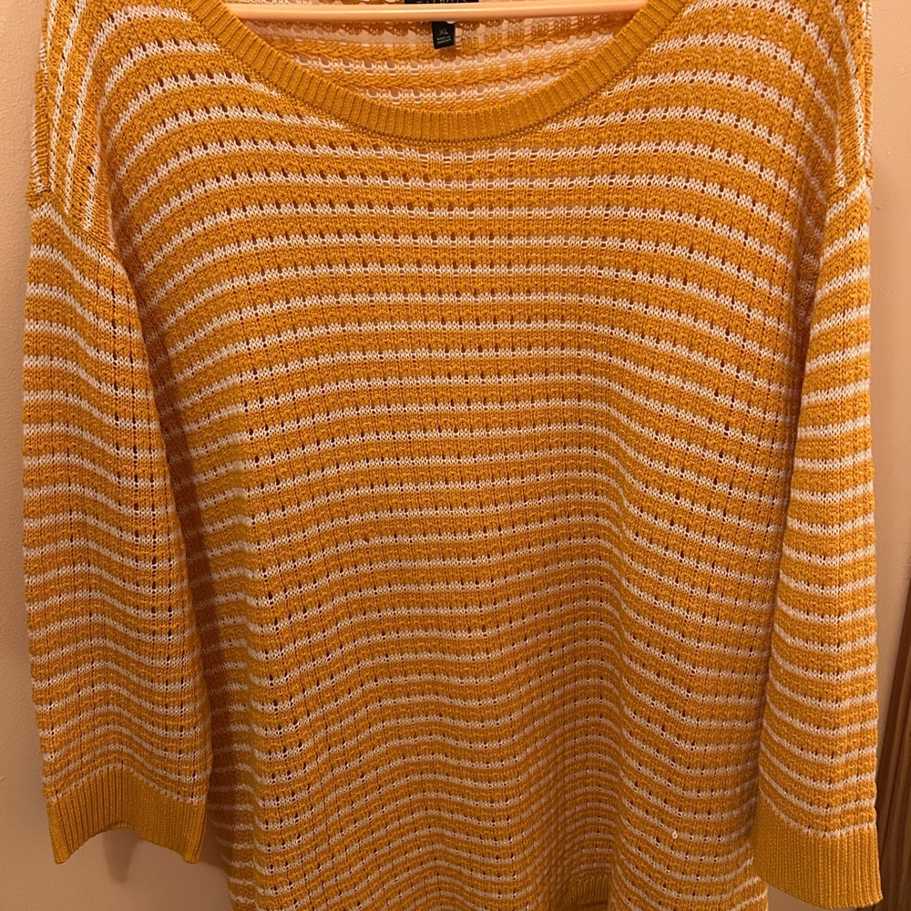 Talbots Orange/White Striped Lightweight Open Weave Sweater- XL Cotton/Tencel